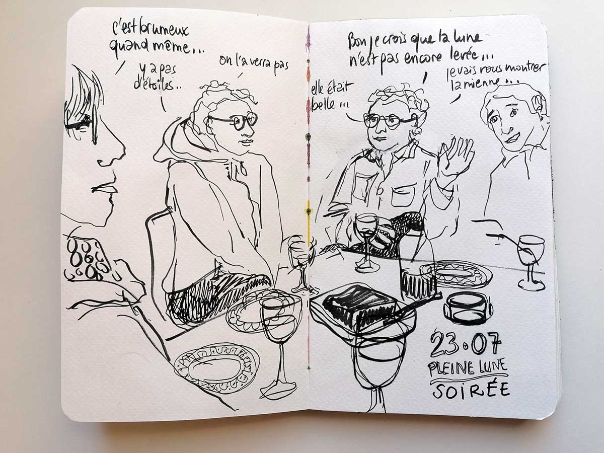 dessin au feutre noir de personnages en train de manger et de discuter