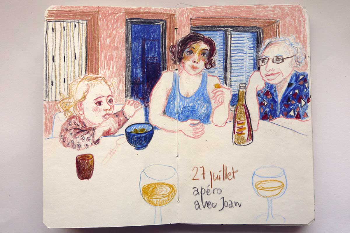 dessin aux crayons de couleur de personnages prenant l'apéritif