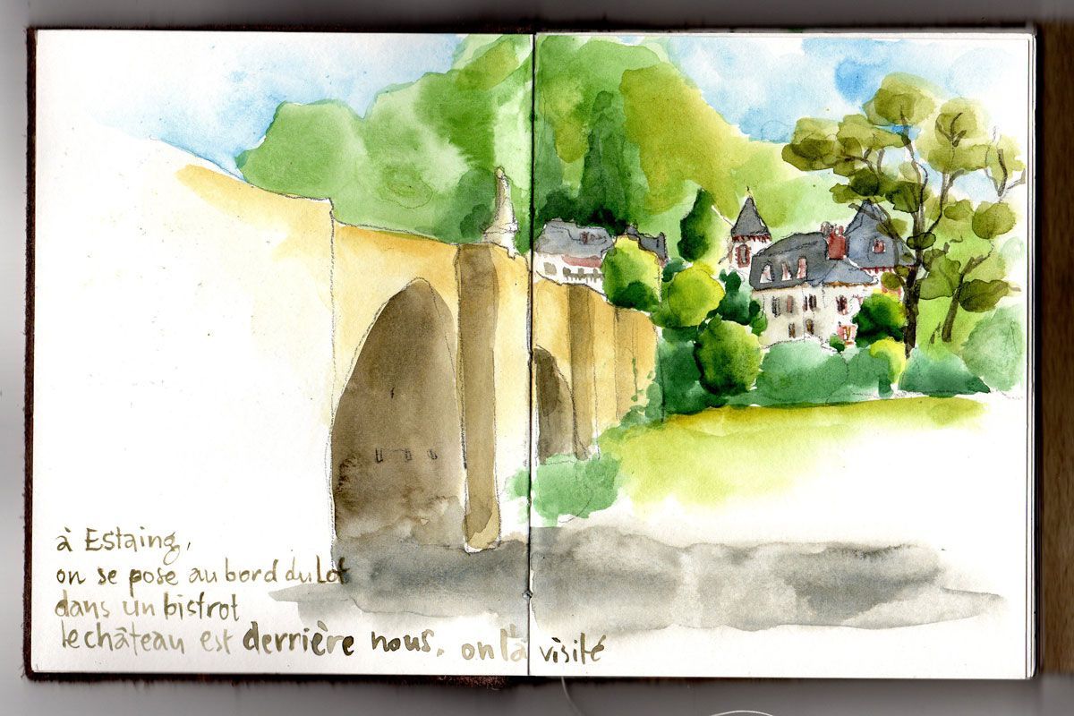 aquarelle des berges du Lot à Estaing