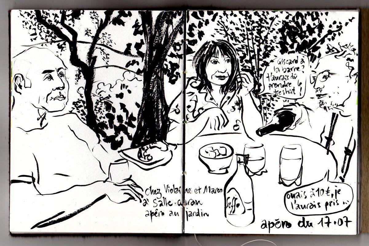 dessin au feutre pinceau personnages en train de boire l'apéro