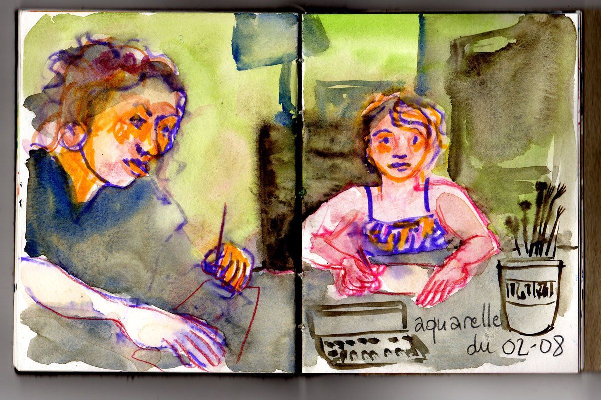 portraits à l'aquarelle de deux personnage en train de dessiner