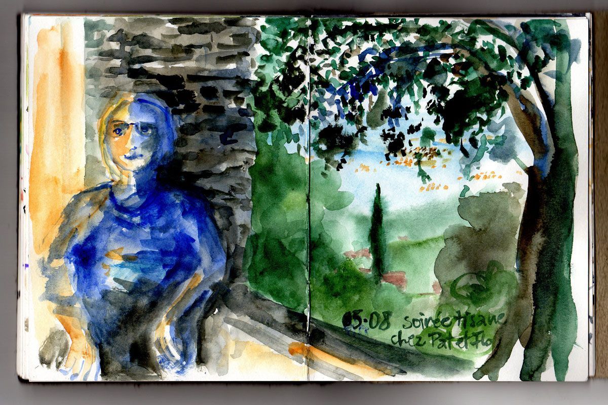 aquarelle sur la terrasse avec la nuit qui tombe