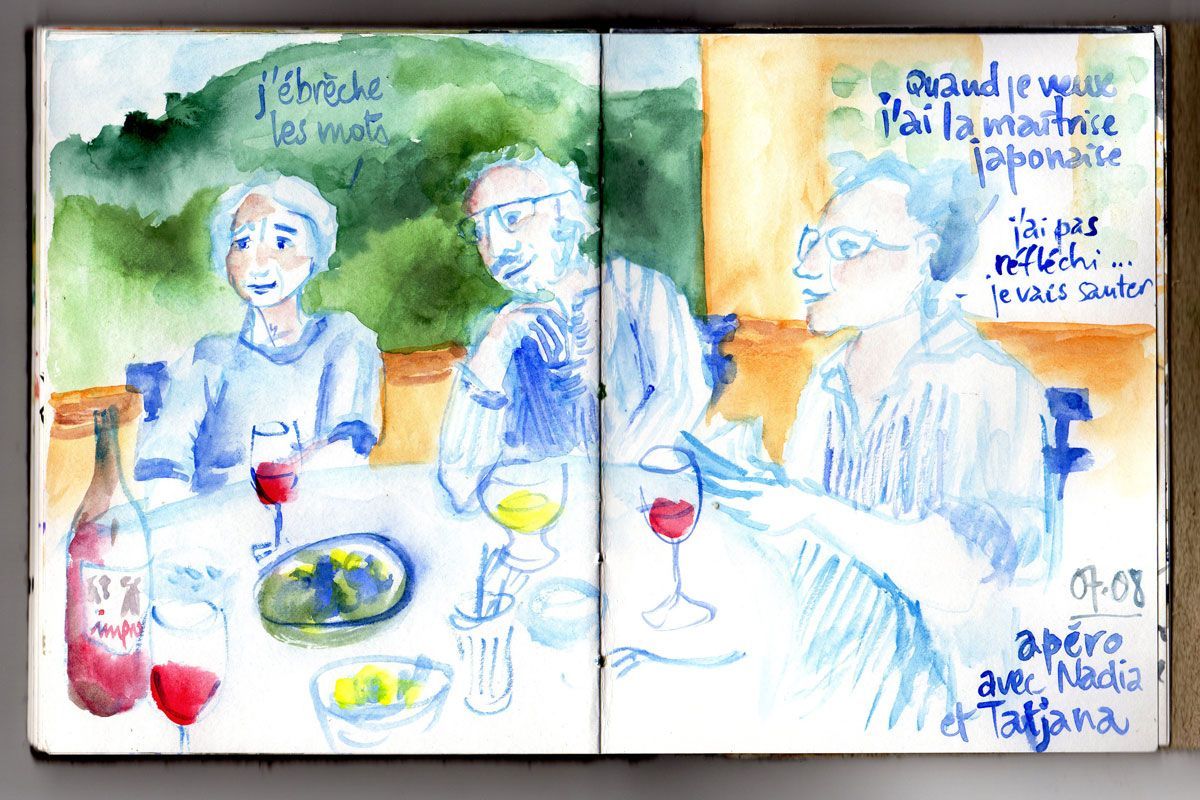 série de personnages à l'aquarelle autour d'une table