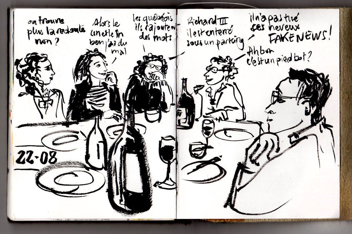 série de personnages dessinés au feutre pinceau  autour d'une table