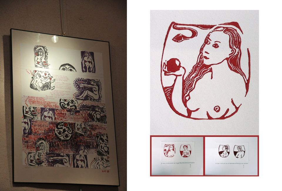 photo du travail exposé à Verbania en Italie. Gommagravures et tamponades autour des texte d'Apollinaire et de Ronsard