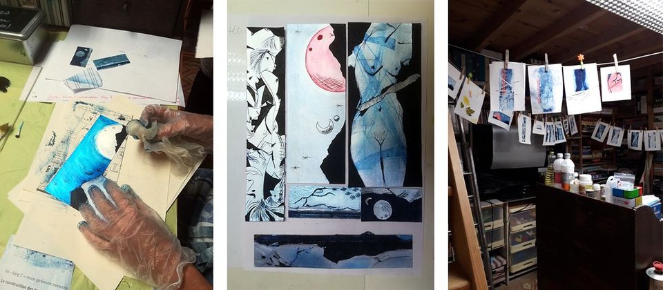 encrage et essuyage des plaques de tétrapack puis accrochage des tirages des estampes