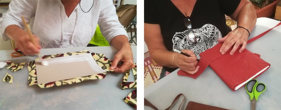 marouflage de la couverture, découpe du cuir pour former un pompon