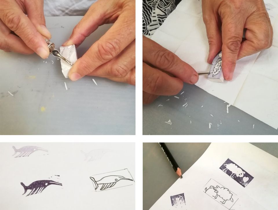 gravure sur gomme avec des gouges de linogravure