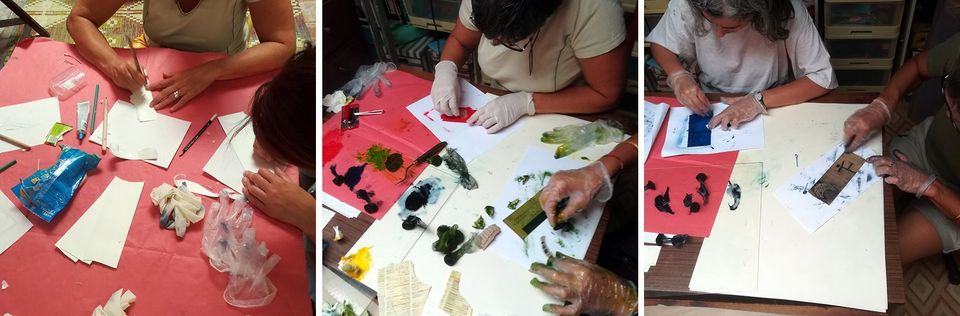 gravures sur tétrapack pendant le stage, apprendre à encrer et à essuyer la matrice