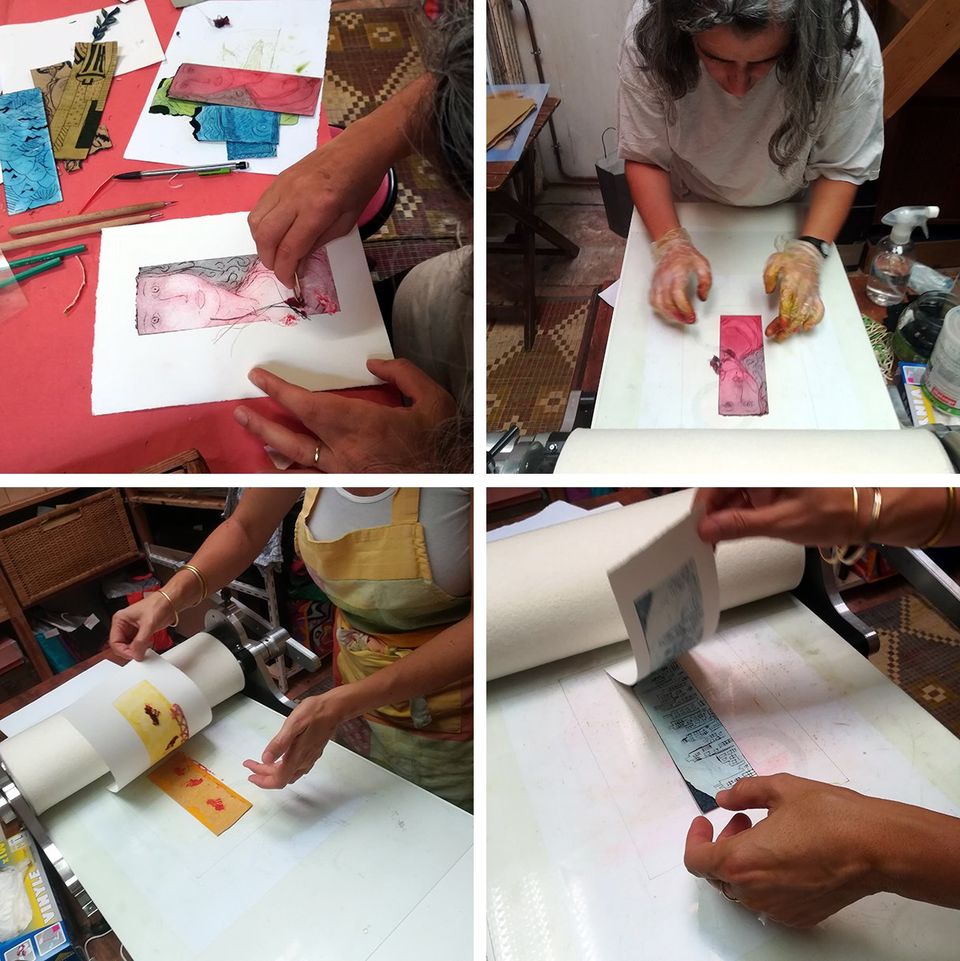 Préparer la matrice de tétrapack gravée et poser des éléments avant de passer sous presse