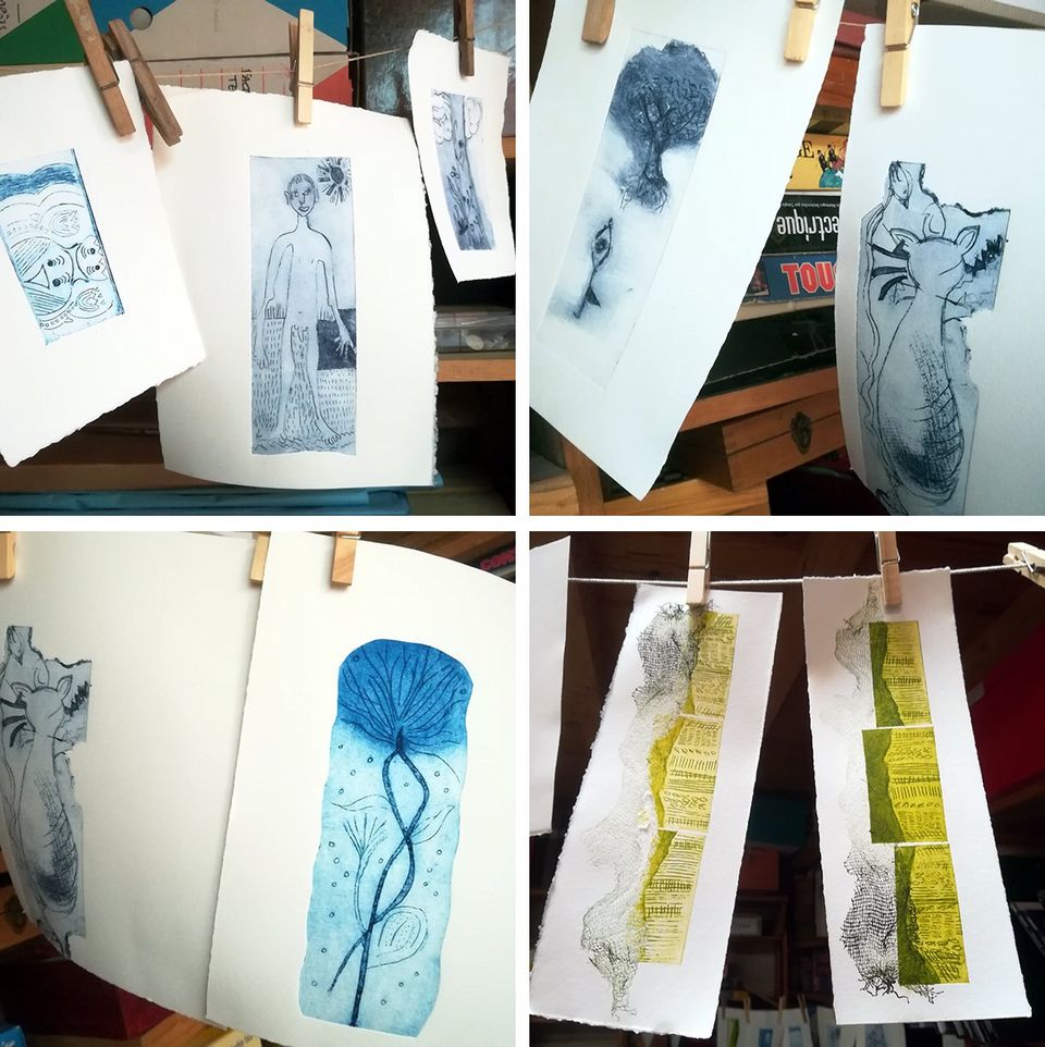 estampes de gravure sur tétrapack suspendus pour séchage