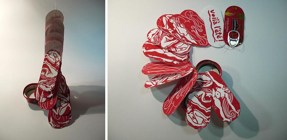 livre d'artiste créé à partir du'ne boîte de sardines Connétable avec des estampes de gravures à la gomme reliées entre elle par un fil