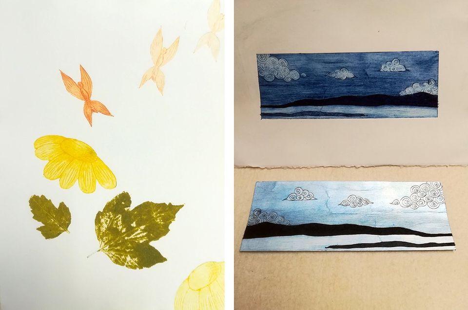 estampes de tétrapack et monotype de feuilles