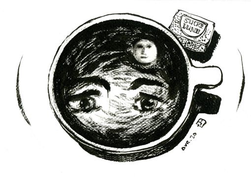 illustration au feutre pinceau noir représentant une tasse avec un reflet de visage et une lune