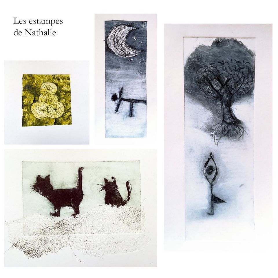 estampes de gravures sur tétrapack et essuyages travaillés pour réaliser ces monotypes