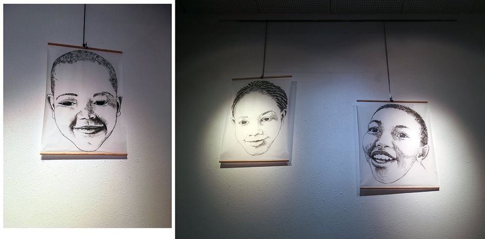 portraits d'enfants de migrants fusain sur papier de chine