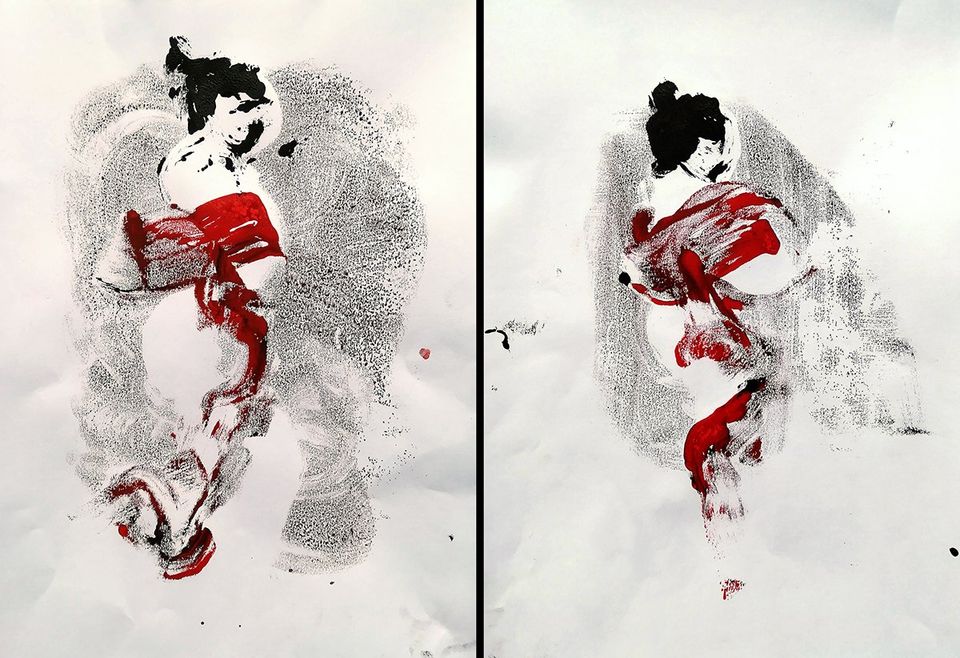 monotype rouge et noir en atelier de nu