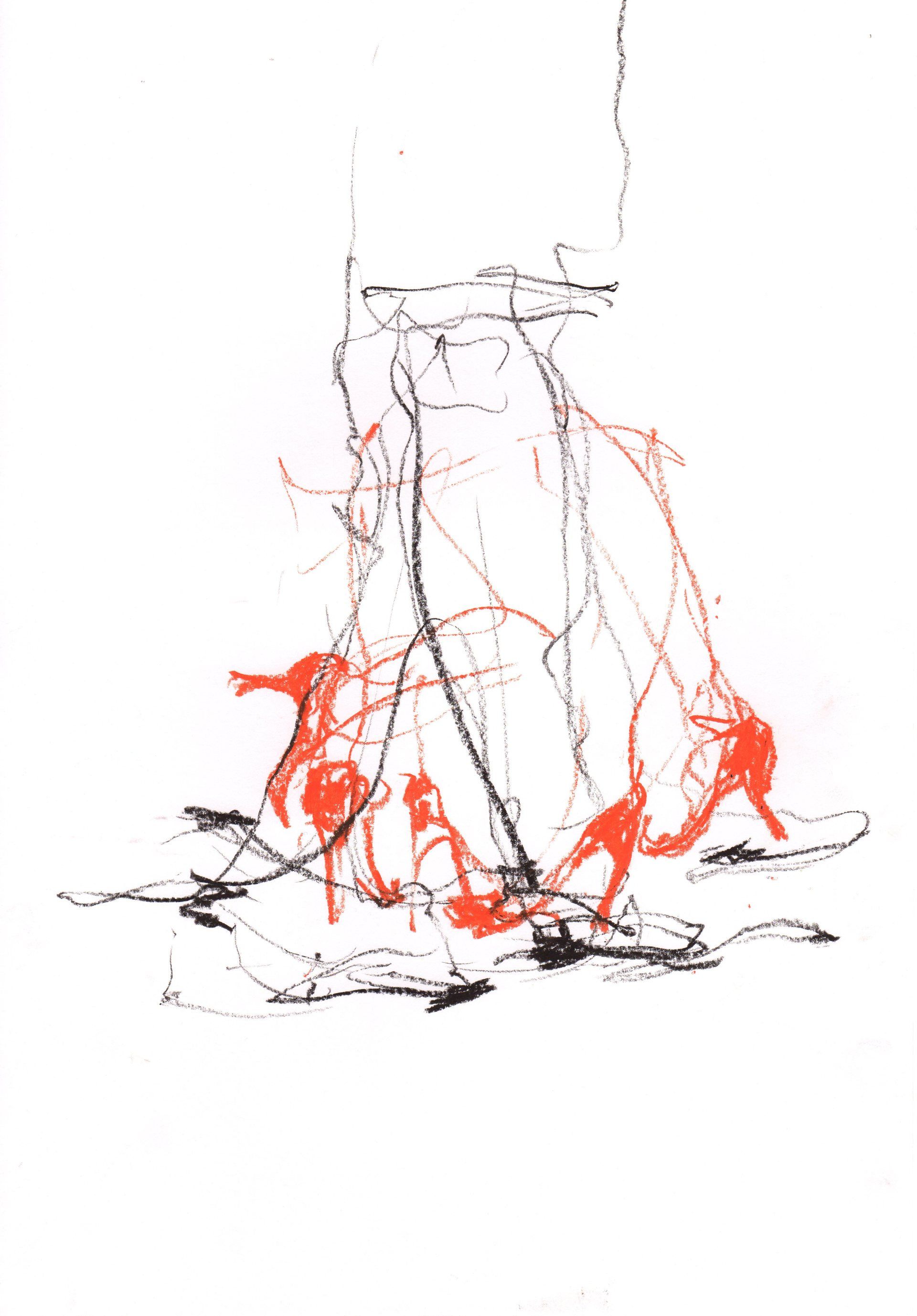 dessin de danseurs de tango craie orange et craie noire