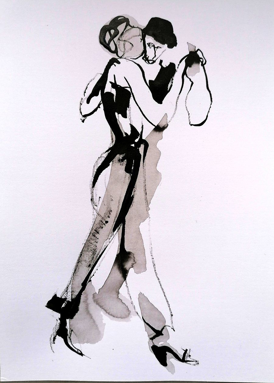 dessin de danseurs de tango à l'encre et lavis