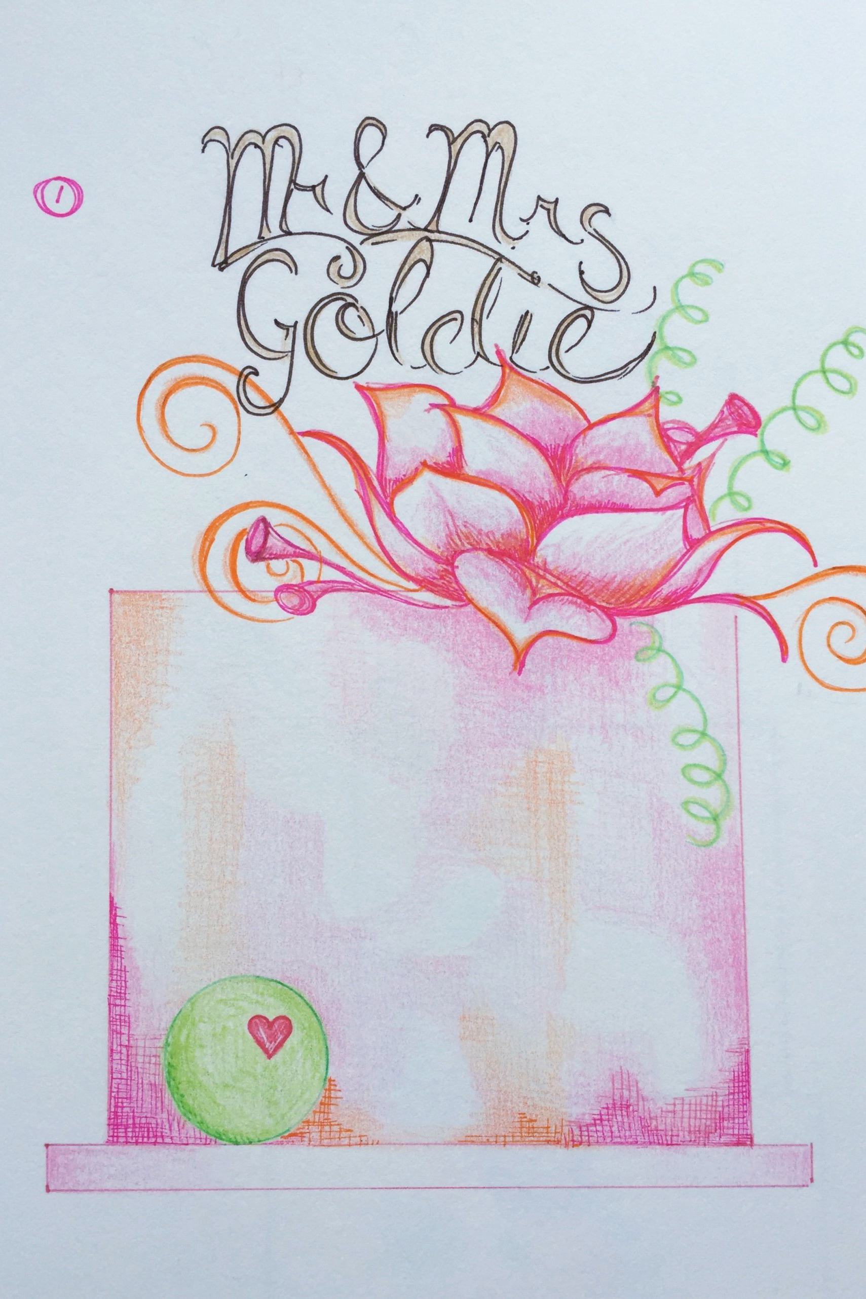 Wedding cake sketch: bold & bright single tier cake with sugar flower, by Caroline Halliday.