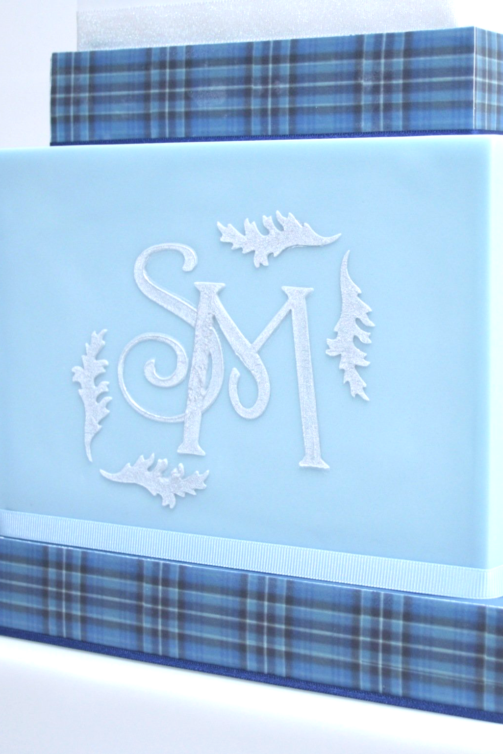 Scottish tartan wedding cake with silver stencil monogram. cake by Caroline Halliday, based on an original design by Kim Gordon