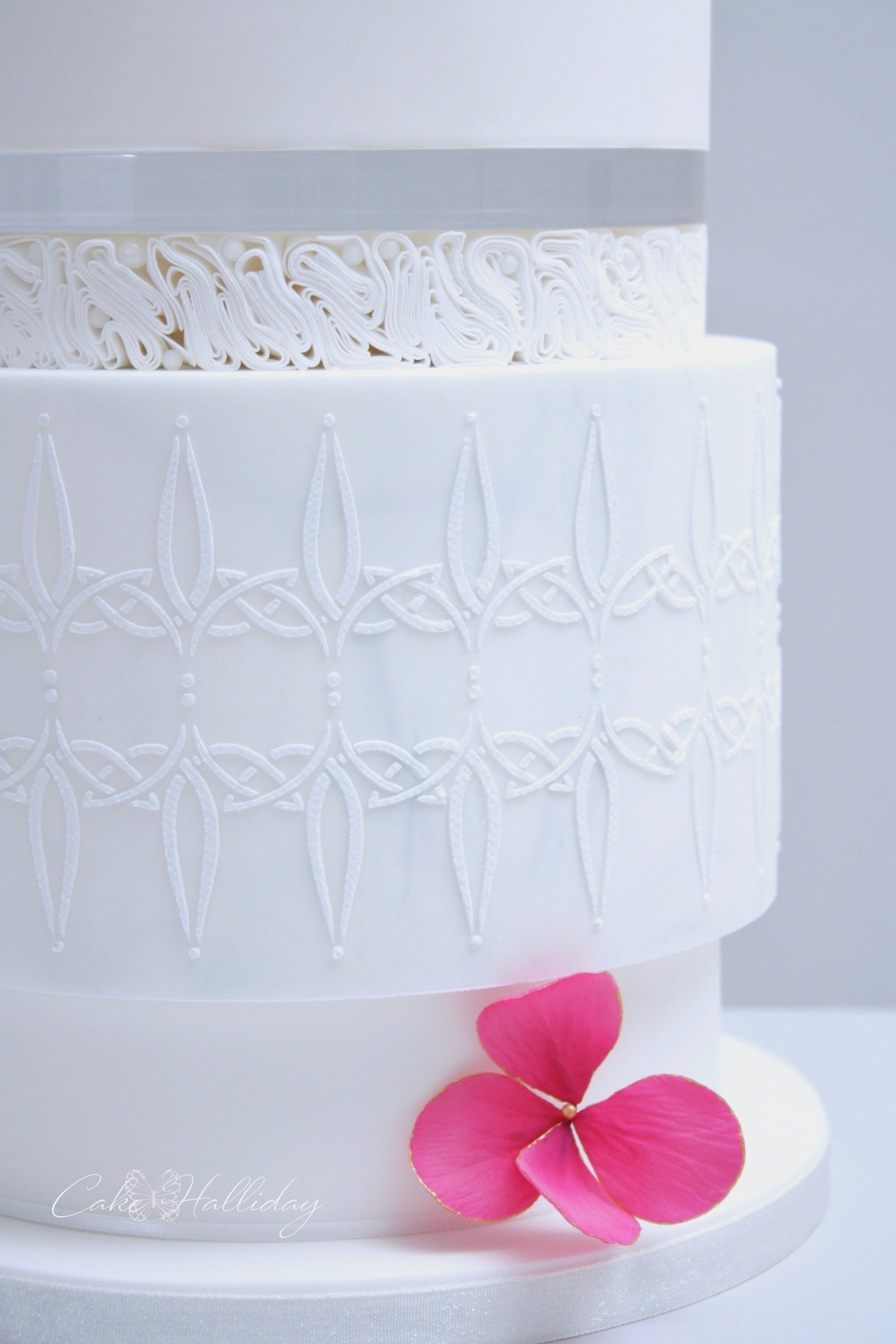 Wedding cake inspiration, art nouveau stencil, ruffles & sugar flower, Ayrshire, Glasgow, Scotland