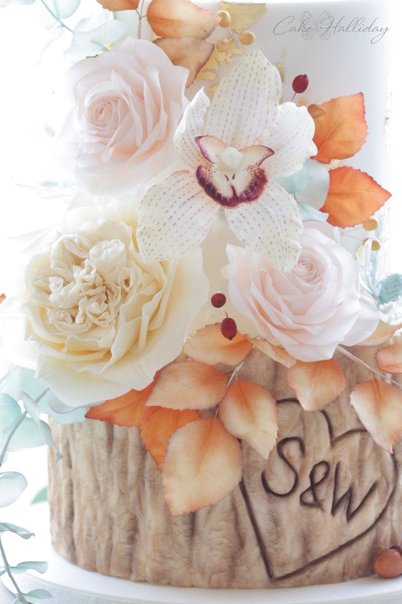 Log tier & sugar flower wedding cake