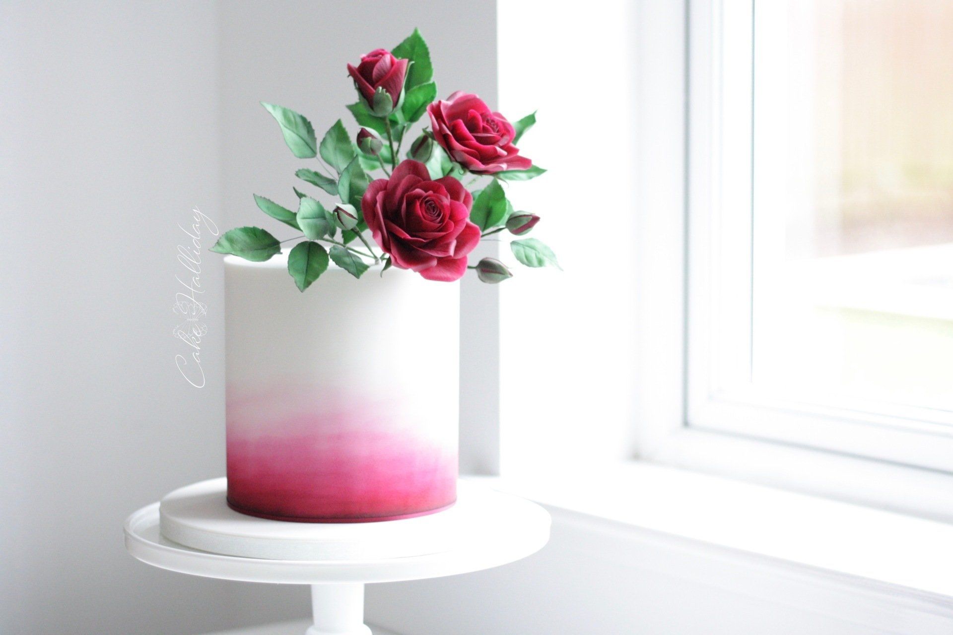 Red rose watercolour wedding cake