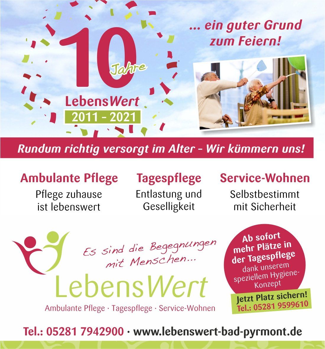 Lebenswert Bad Pyrmont, Holzhausen, Hagen, Pyrmonter Straße, Grießemer Straße, 10 Jahre, Jubiläum, Tagespflege, trotz Pandemie, Hygiene-Konzept, Geselligkeit, Entlastung, Service-Wohnen, Ambulante Pflege, Altenpflege