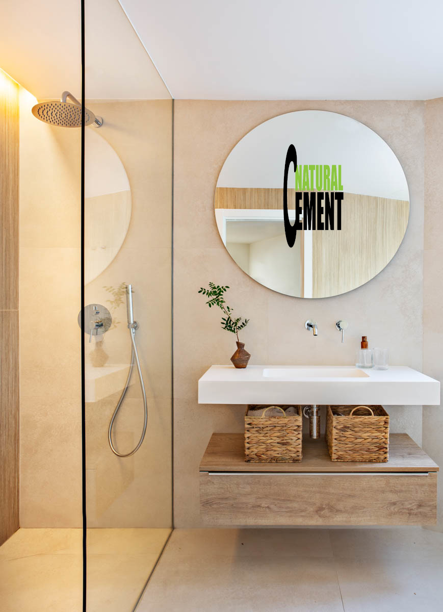 Lavabo de diseño sobre encimera de microcemento pulido en baño contemporáneo.