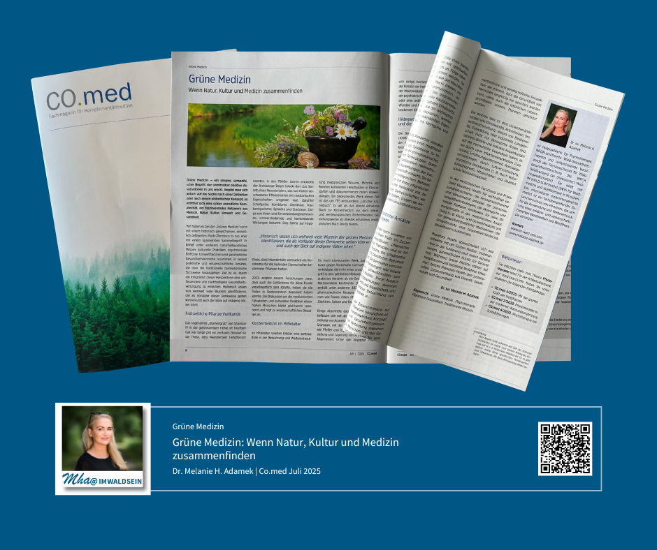 Integrative Krebstherapie: Waldtherapie im onkologischen Kontext. EinsatzmögliGrüne Medizin: Wenn Natur, Kultur und Medizin zusammenfinden, Dr. Melanie H. Adamek, in Co.med, Fachmagazin für Komplementärmedizin, Dr. Melanie H. Adamek Grüne Medizin|Dr. Melanie H. Adamek|Co.med, Fachmagazin für Komplementärmedizin|Juli 2025
