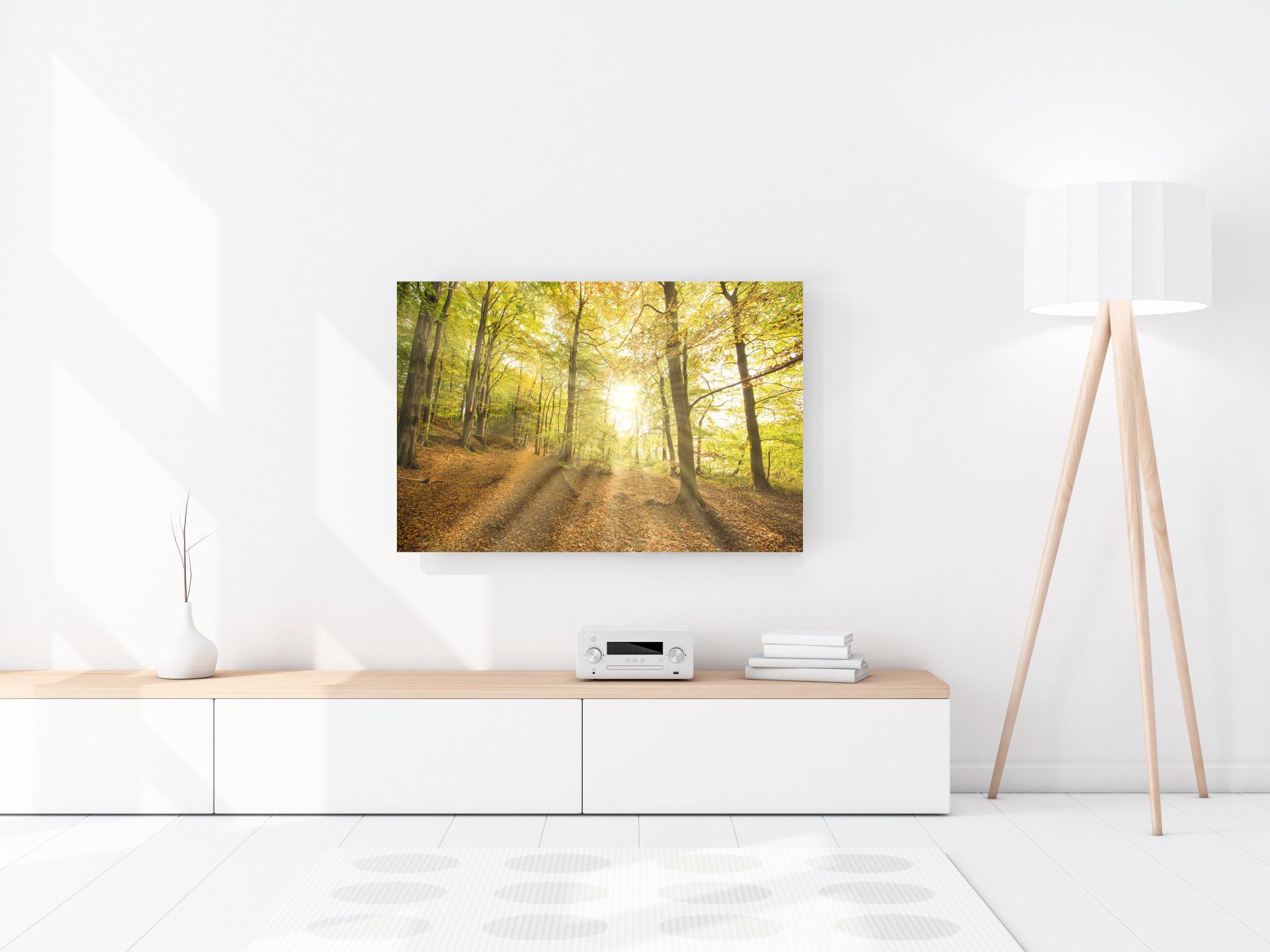 Golden sun rays in autumn forest. ‘Elfentanzplatz’. Aluminum Dibond or gallery print. Photographic art by Bernhard Lehn