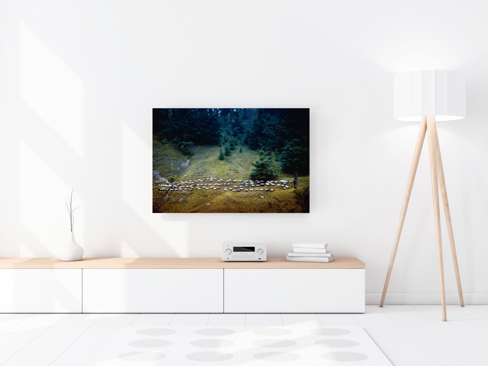 Counting sheep differently: ‘Sheep Chain’ motif in the forest. Photographic art by Bernhard Lehn, perfect for the workplace