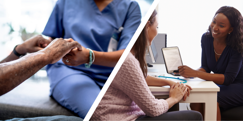 Infirmière tenant la main d'un patient âgé et professionnel de santé consultant un patient