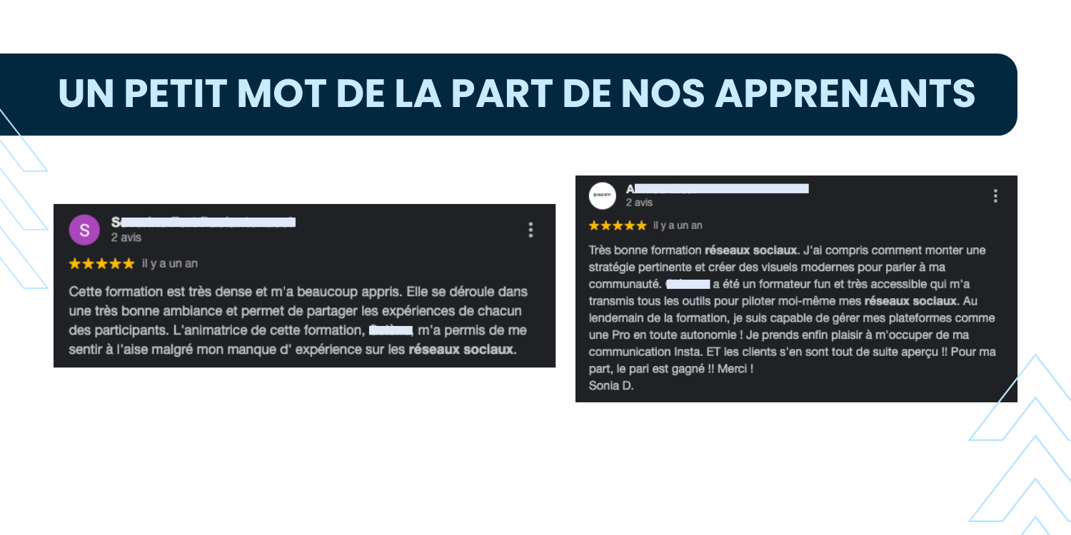 Collage de témoignages positifs d'apprenants de la formation AFDE avec des commentaires.