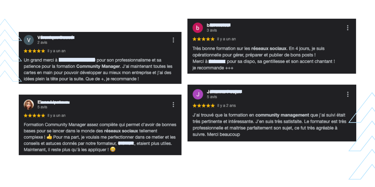 Compilation de retours d'apprenants satisfaits soulignant la qualité de la formation AFDE.