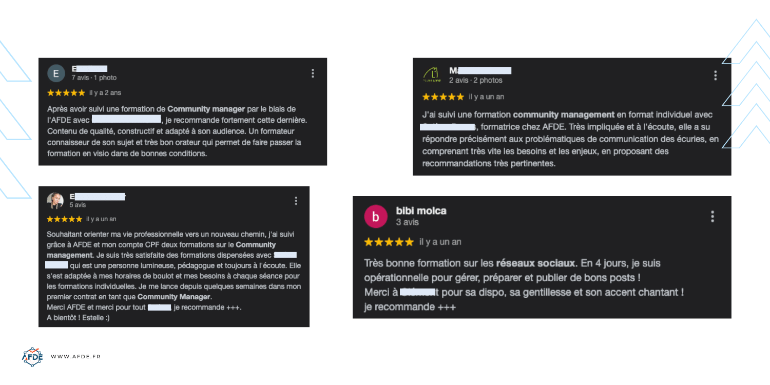 Avis enthousiastes d'anciens participants à la formation AFDE partageant leur succès.