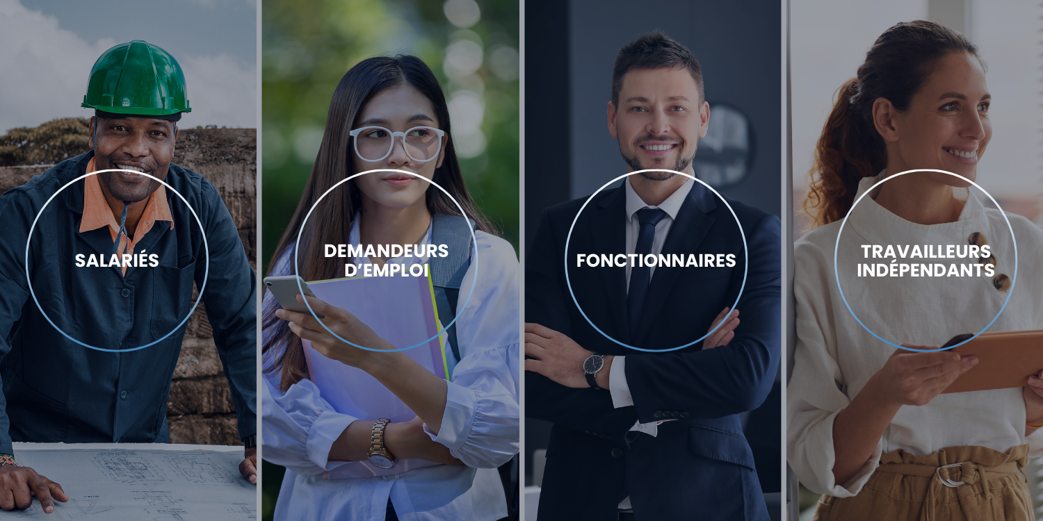 Photo d'un salarié, d'un demandeur d'emploi, un fonctionnaire et un travailleur indépendant.