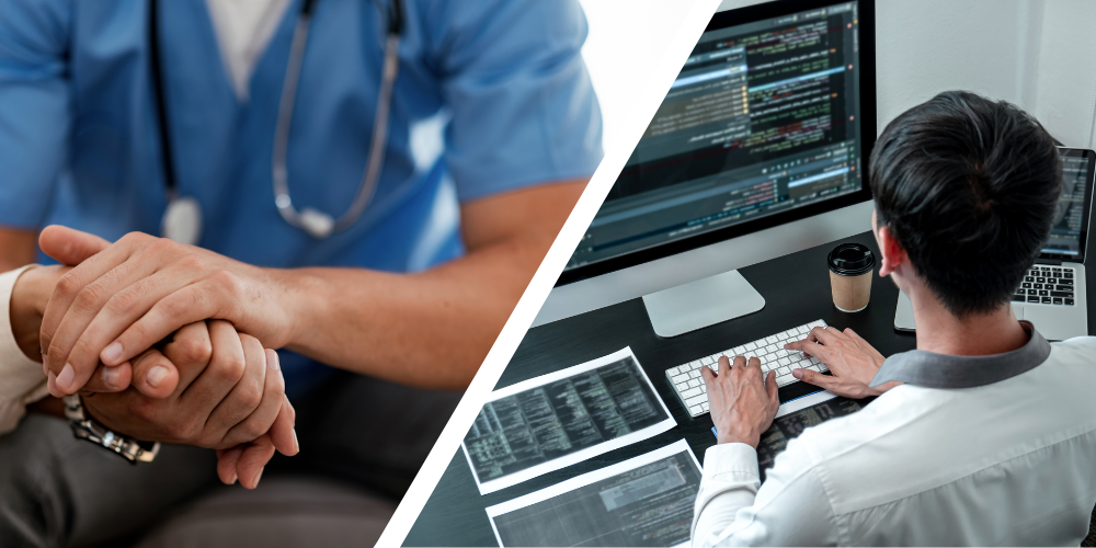 Professionnel de santé en blouse bleue et un travailleur tech devant un ordinateur