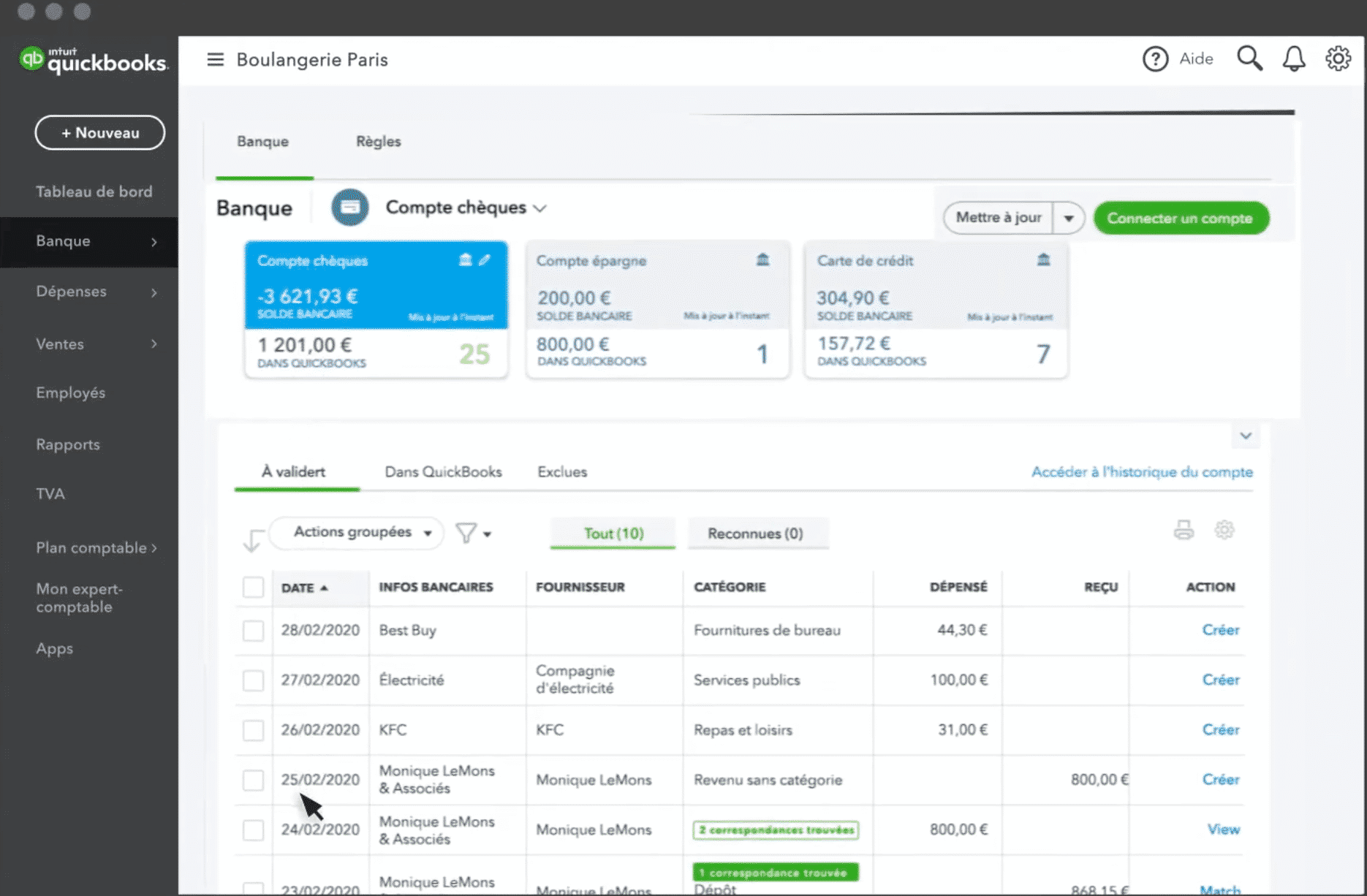 Dashboard de l'outil Quickbooks.