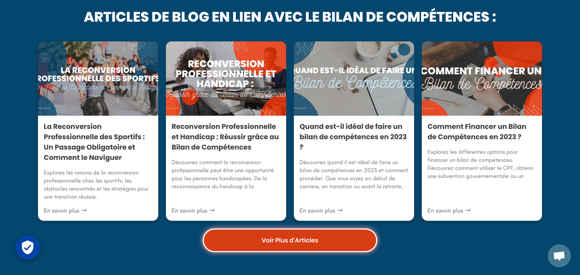 Capture d'écran des articles de blog AFDE sur les thématiques du Bilan de Compétences