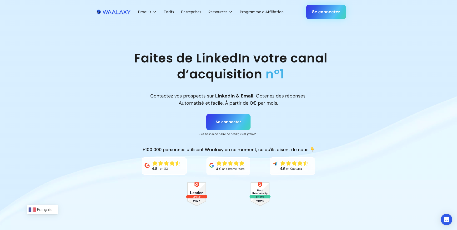 Capture d'écran de la page d'accueil de Waalaxy.