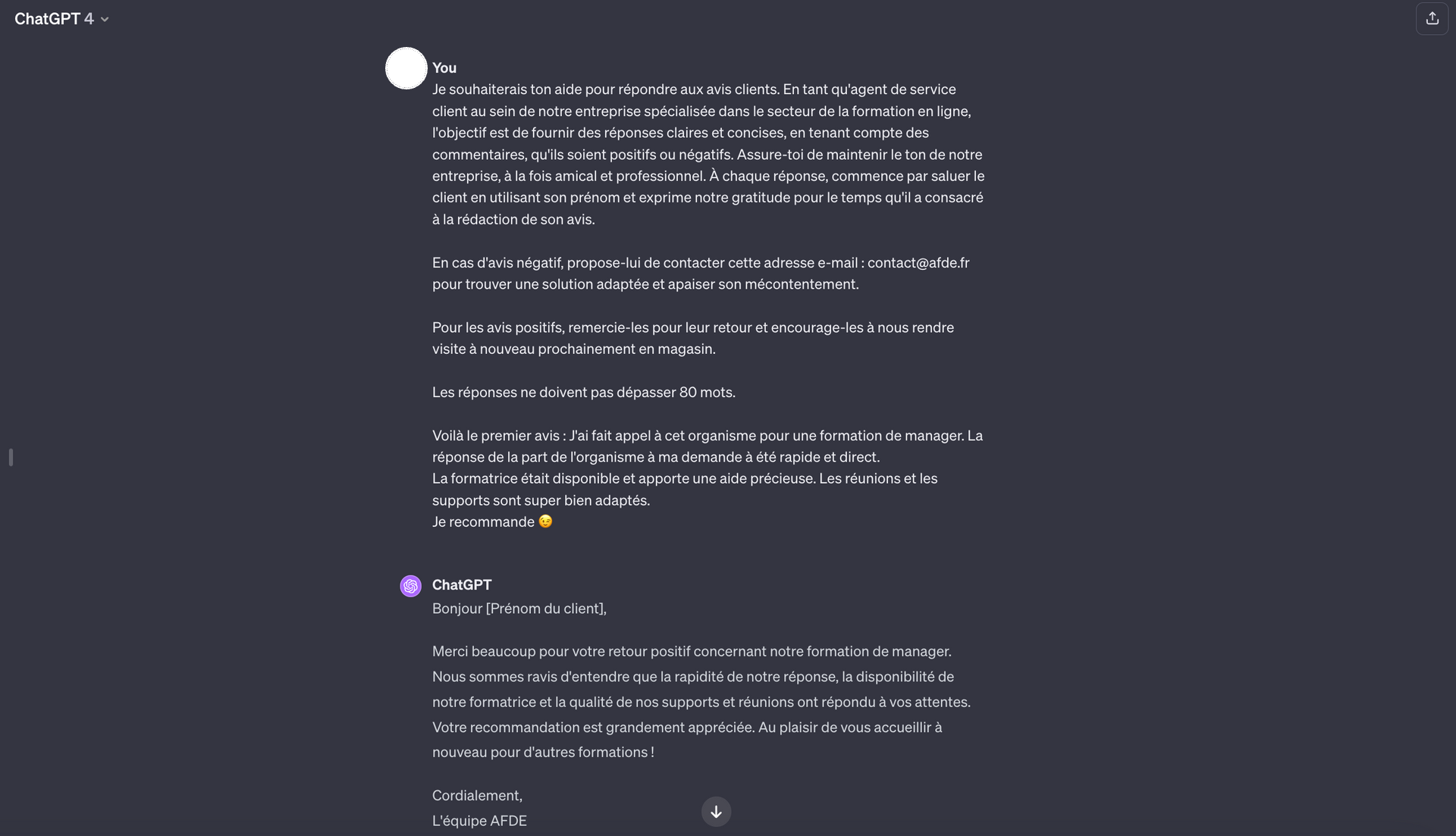 Exemple de résultat de prompt Chat GPT qui aide à répondre aux avis clients.