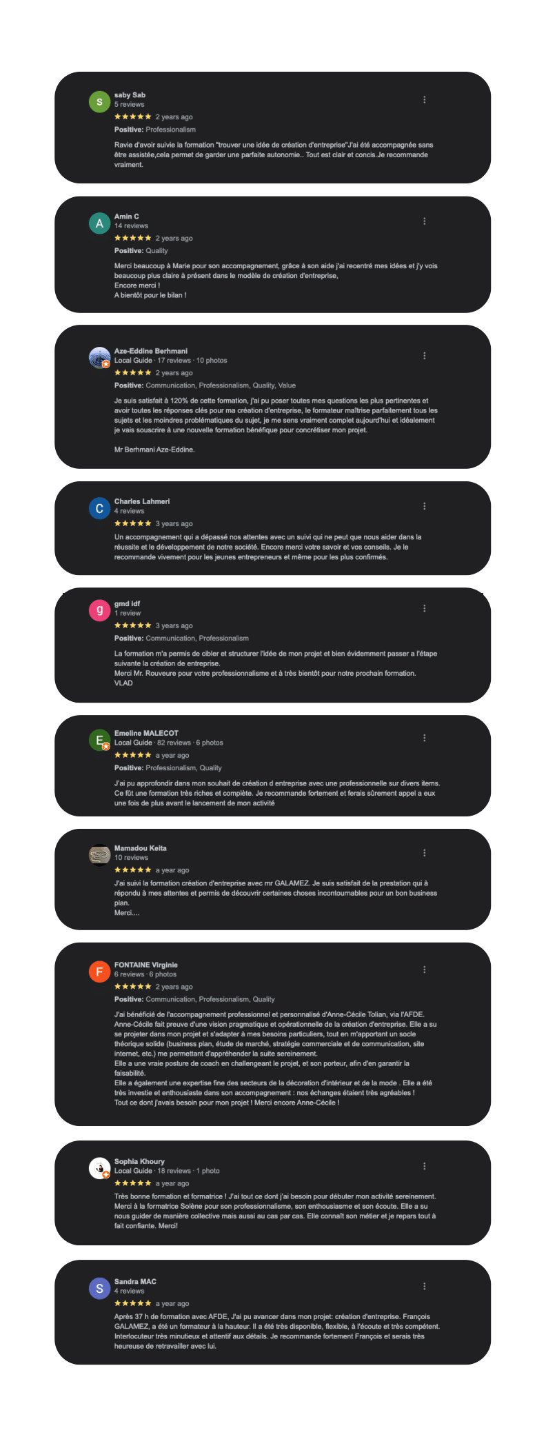 visuel montrant de nombreux avis 5 étoiles de la part des apprenants AFDE.
