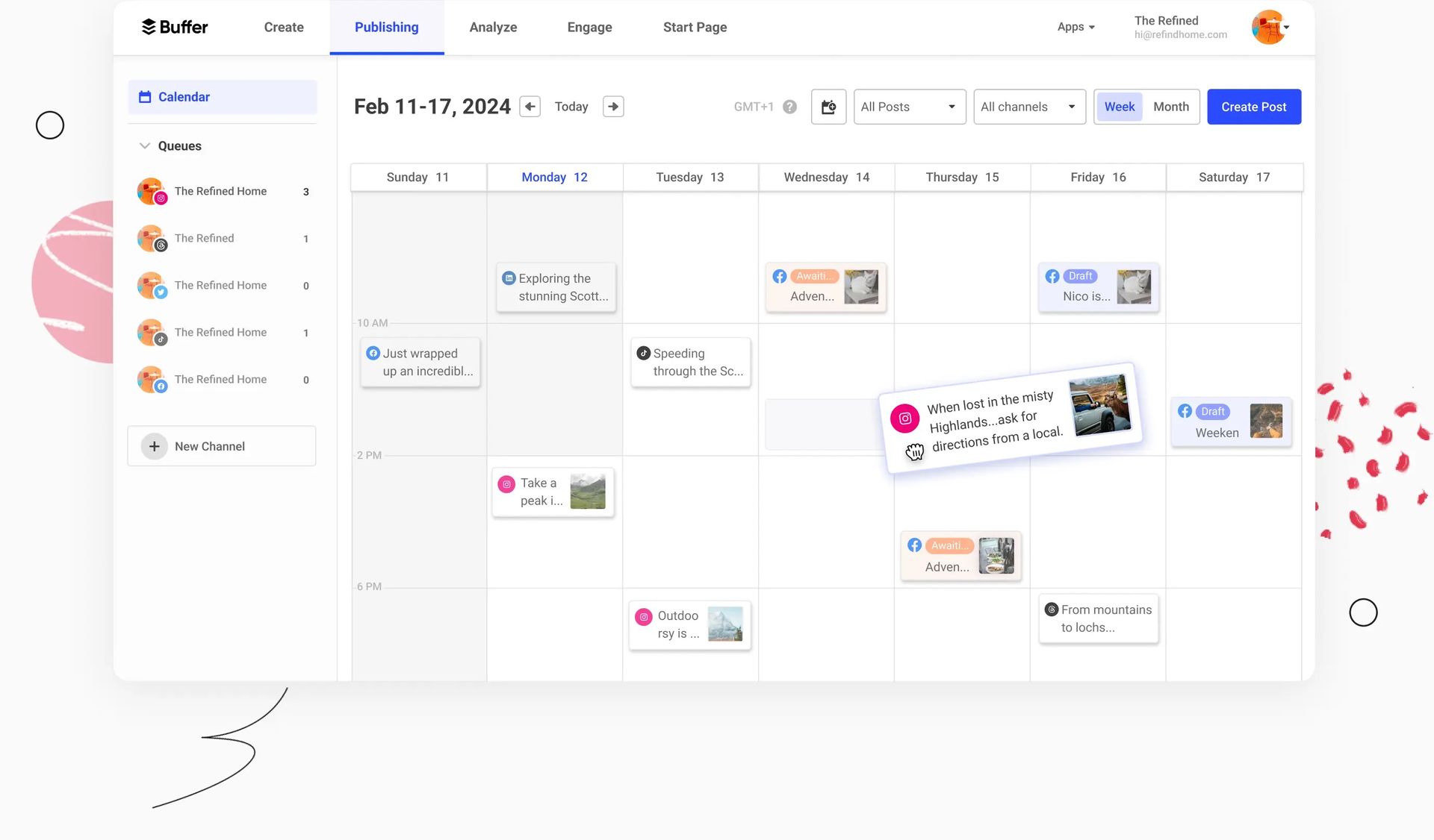 Dashboard de l'outil Buffer et de sa fonctionnalité planification.
