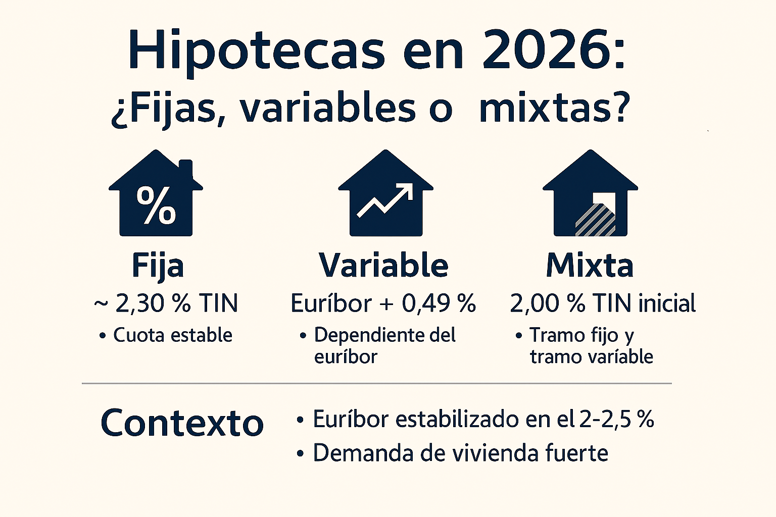 Comparativa de hipotecas fija, variable y mixta con tipos actualizados a 2026.