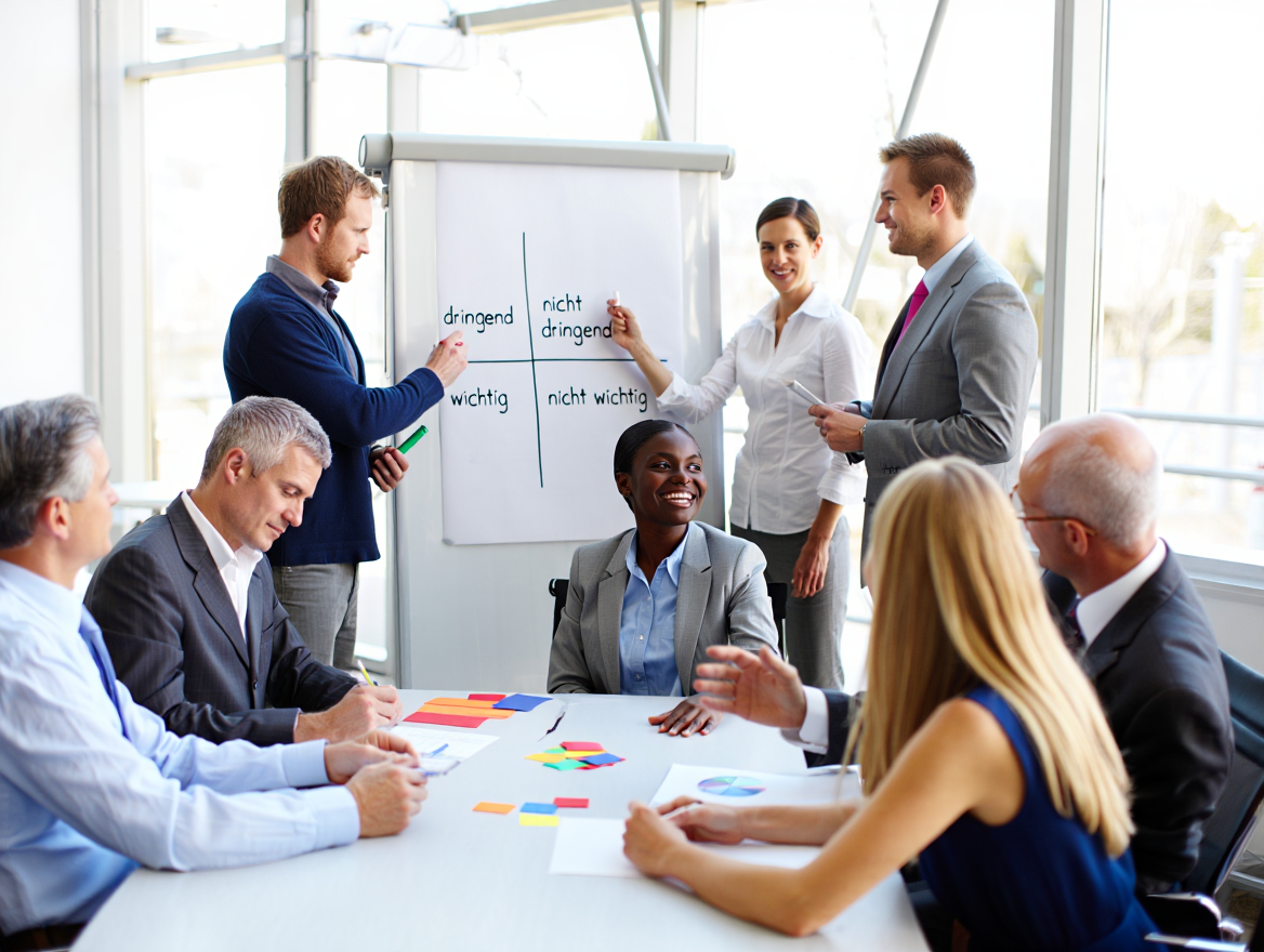 Meeting zur Einführung der Eisenhower-Methode Gruppenarbeit in einem Meeting zur Einführung der Eisenhower-Matrix. Lernen, Prioritäten zu setzen.