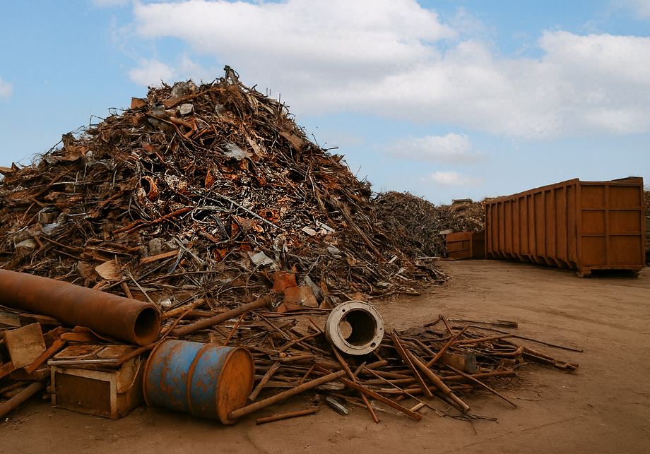Rostiger Metallschrotthaufen auf einem Schrottplatz in Hilden, neben einem großen braunen Container „Großer Haufen aus rostigem Metallschrott auf einem Schrottplatz in Hilden, umgeben von verstreuten Metallteilen und einem braunen Container unter blauem Himmel.“