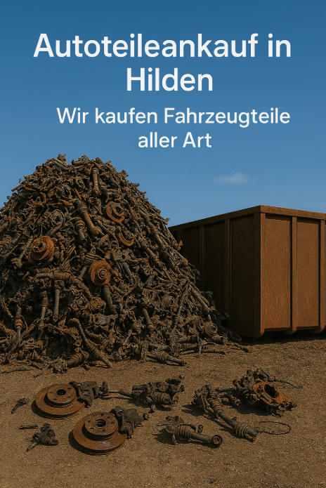 Rostige Autoteile auf einem Schrottplatz in Bonn neben einem großen Container Großer Haufen aus ausgebauten, rostigen Autoteilen auf einem Schrottplatz in Hilden, inklusive Bremsscheiben, Achsteilen und Lenkungskomponenten neben einem großen Metallcontainer.