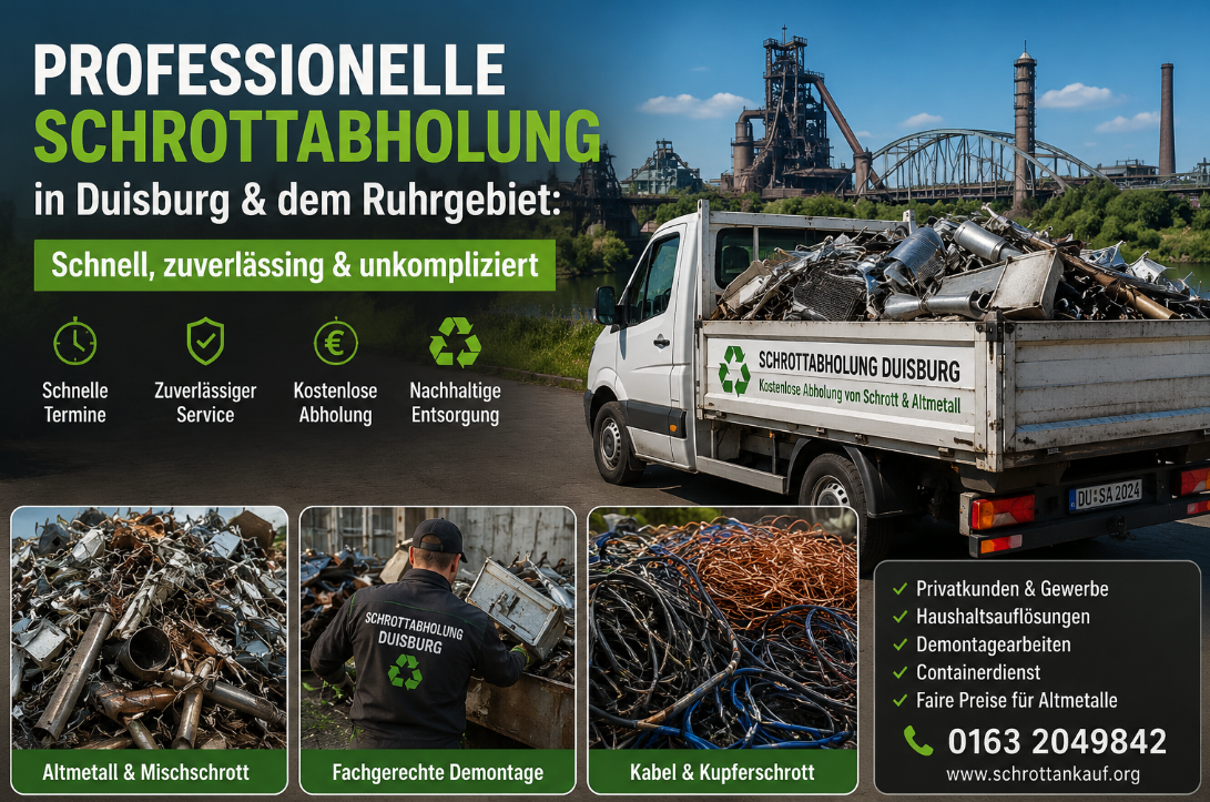 Schrottabholung Duisburg: Kostenlose Abholung & Entsorgung von Metallschrott, Elektroschrott & Altfahrzeugen im gesamten Ruhrgebiet. Schnell & gratis! Schrottabholung Duisburg – LKW lädt Altmetall und Schrott zur Entsorgung auf